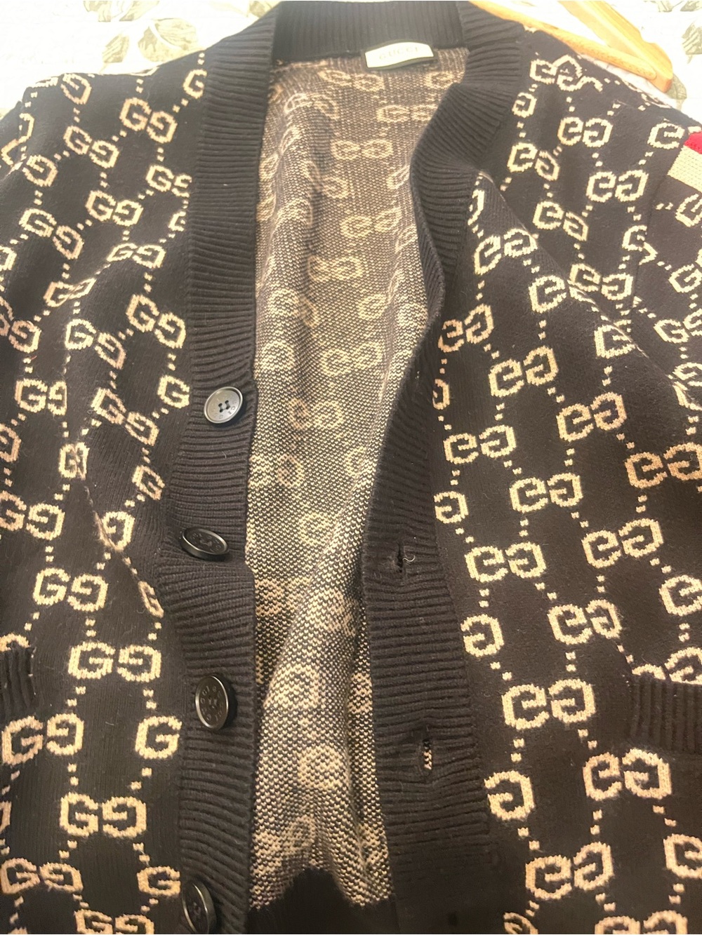 Men's Preowned Gucci Black Logo Knit Cardigan with Red & Cream Stripe like new.